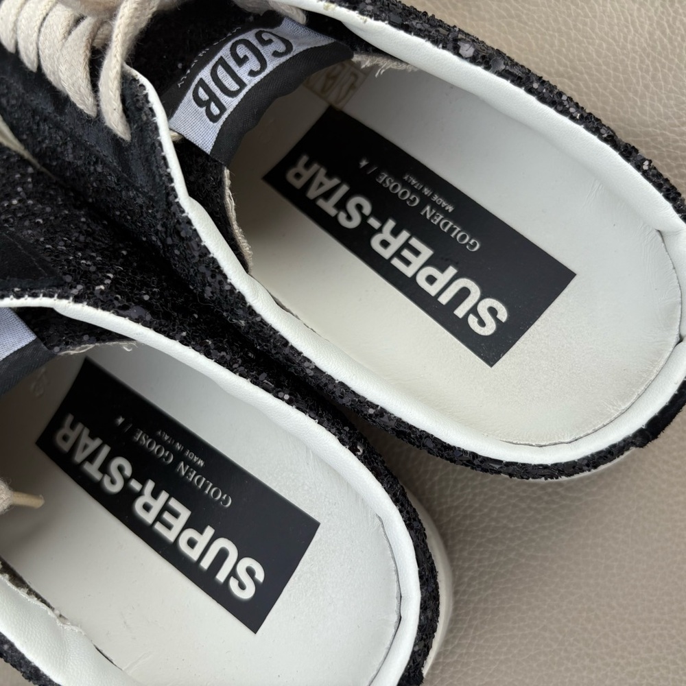 GOLDEN GOOSE SUPER START GLITTER SNEAKERS BACKLESS SLIDES LACE UP LEATHER 37/7 - Picture 7 of 8